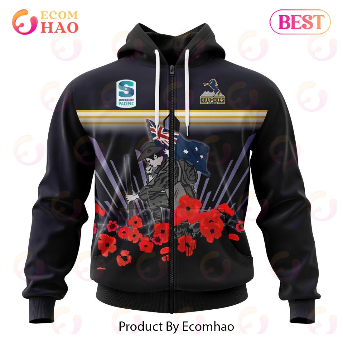 Super Rugby ACT Brumbies Specialized 2022 Anzac Jersey Concepts 3D Hoodie