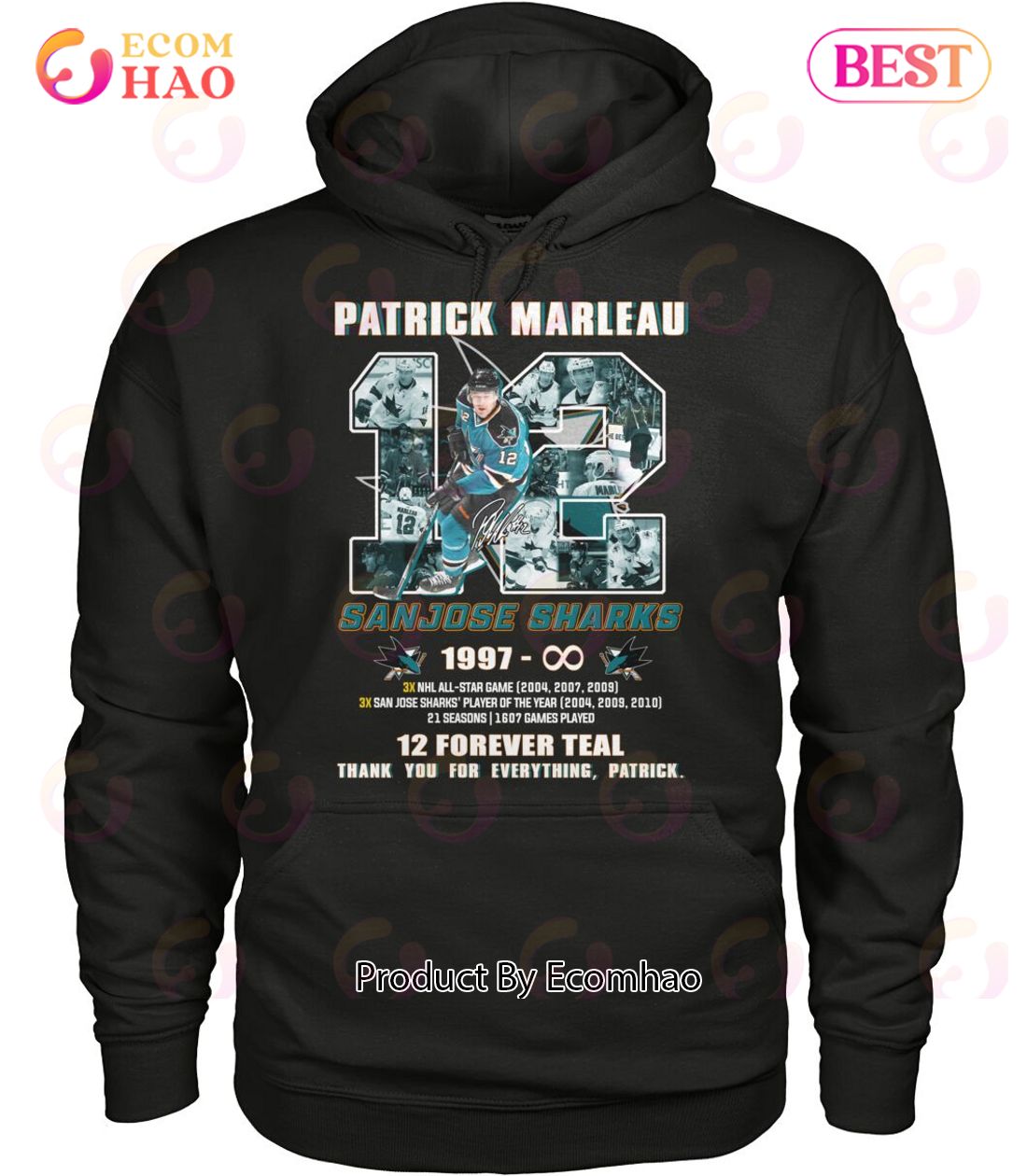 Patrick Marleau San Jose Sharks 1997 – Infinity 12 Forever Teal Thank You For The Memories T-Shirt