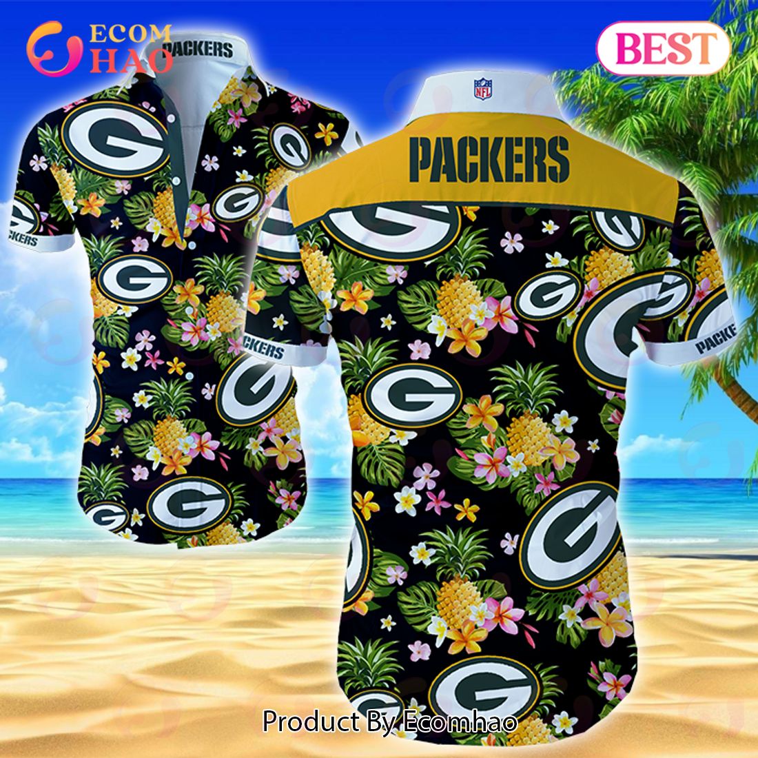 SALE NFL Green Bay Packers Hawaiian Shirt Palm Tree Pattern