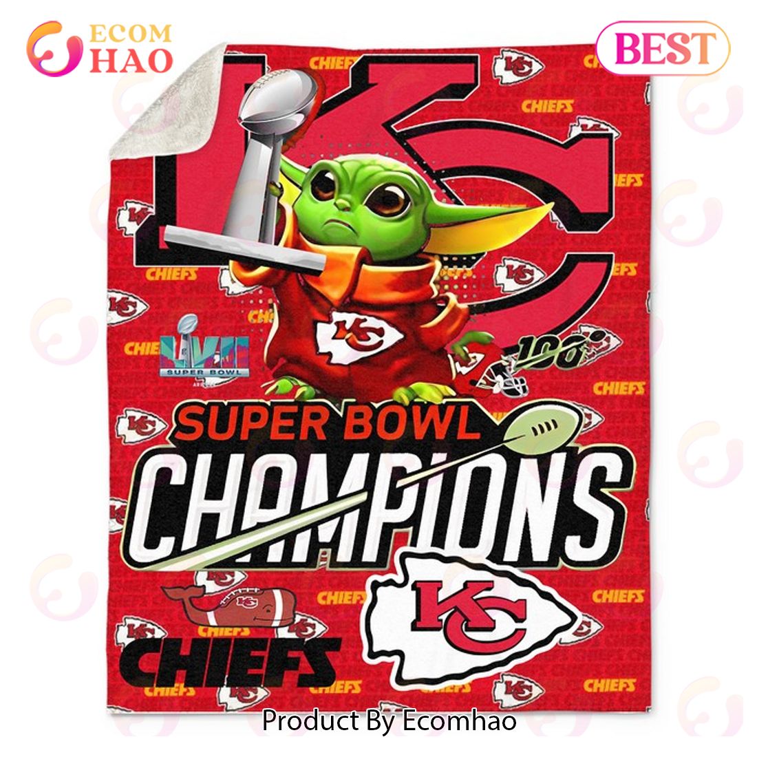 Super Bowl Champions Kansas City Chiefs Yoda Quilt, Fleece Blanket, Sherpa Fleece Blanket