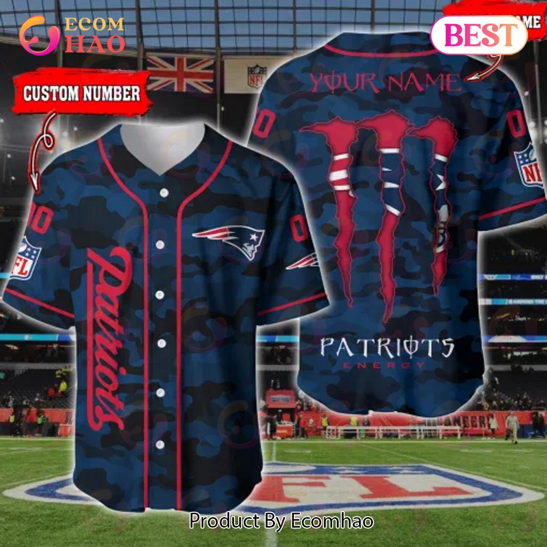 NFL New England Patriots Baseball Jersey Camo Shirt Perfect Gift