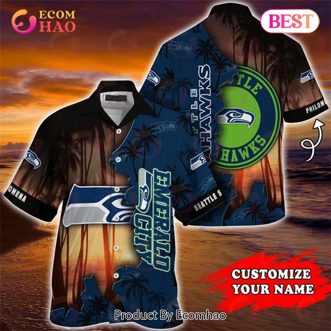 HOT Seattle Seahawks Big Logo Personalized Name And Number Hawaiian Shirt