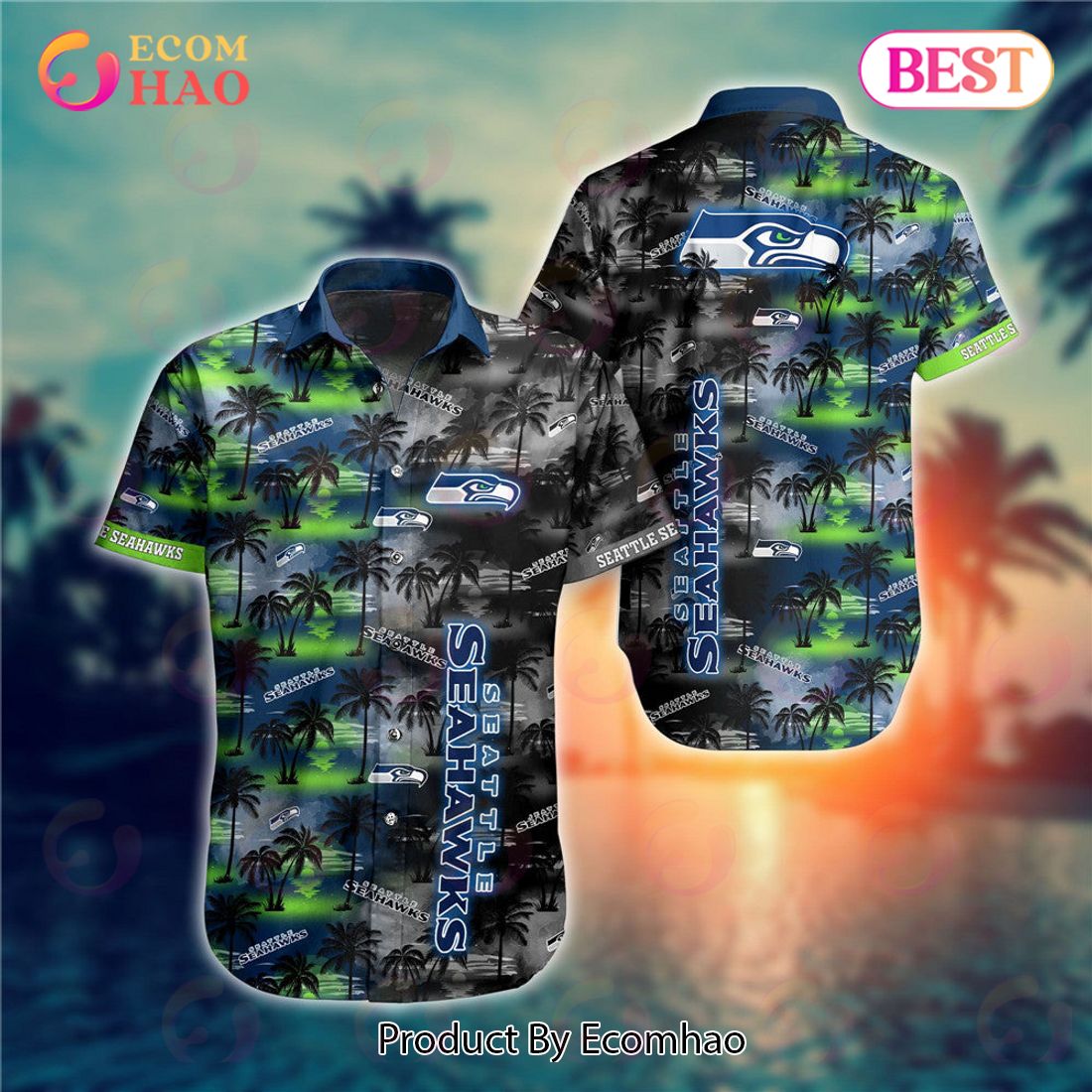 Seattle Seahawks NFL Custom Name Palm Tree Pattern Hawaiian Shirt And Shorts  - Freedomdesign