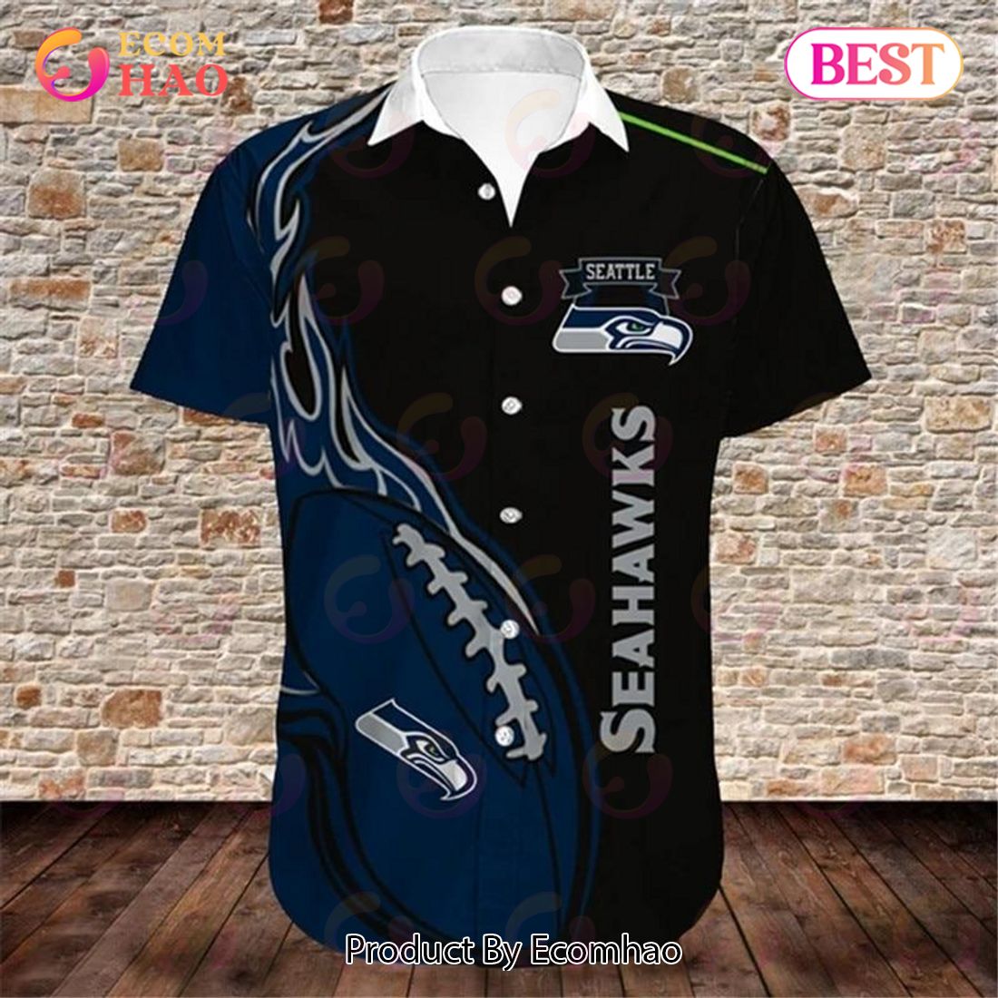 SALE NFL Seattle Seahawks Hawaiian Shirt Fireball Button Short Sleeve