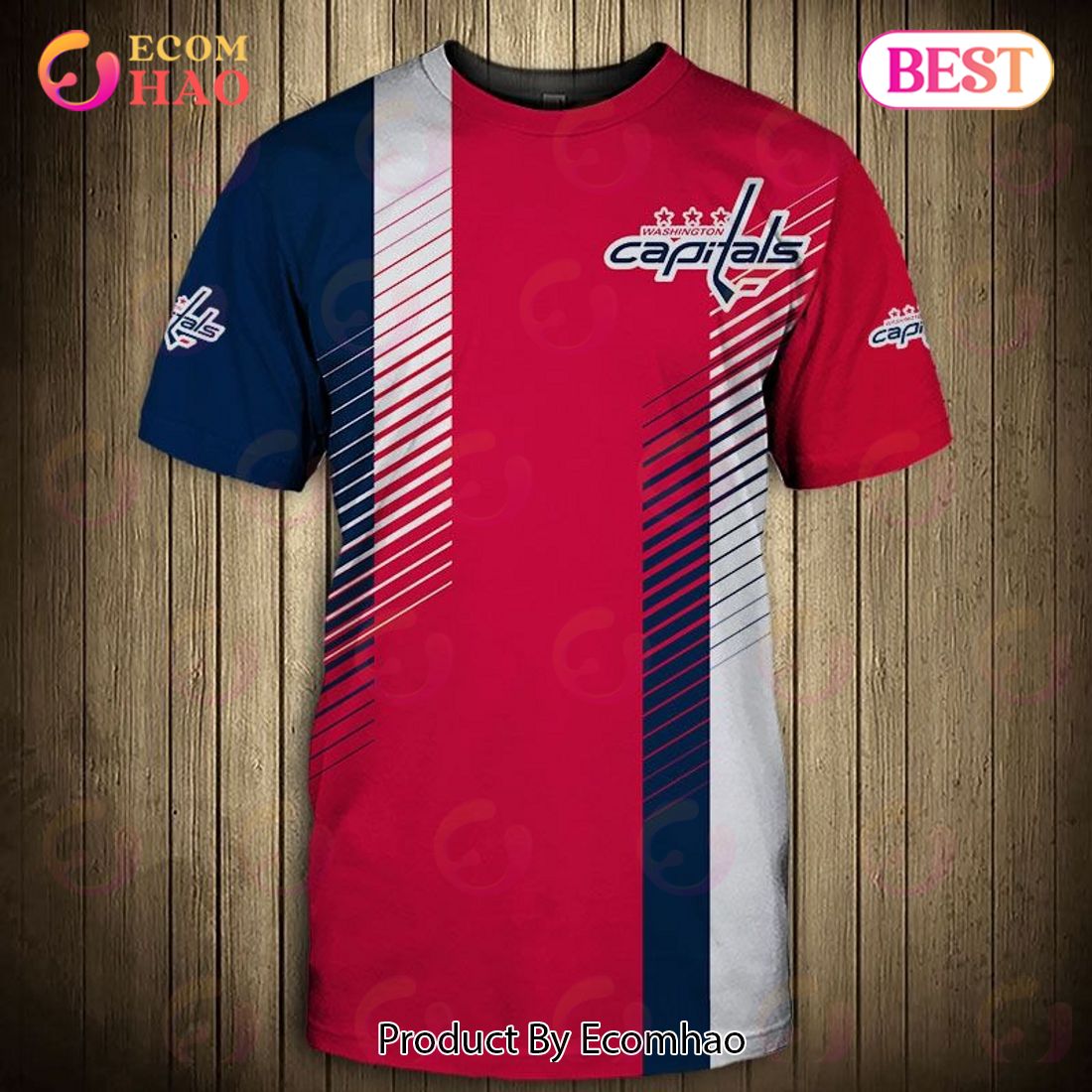 SALE NHL Men’s Washington Capitals 3D T-Shirt Striped Short Sleeve