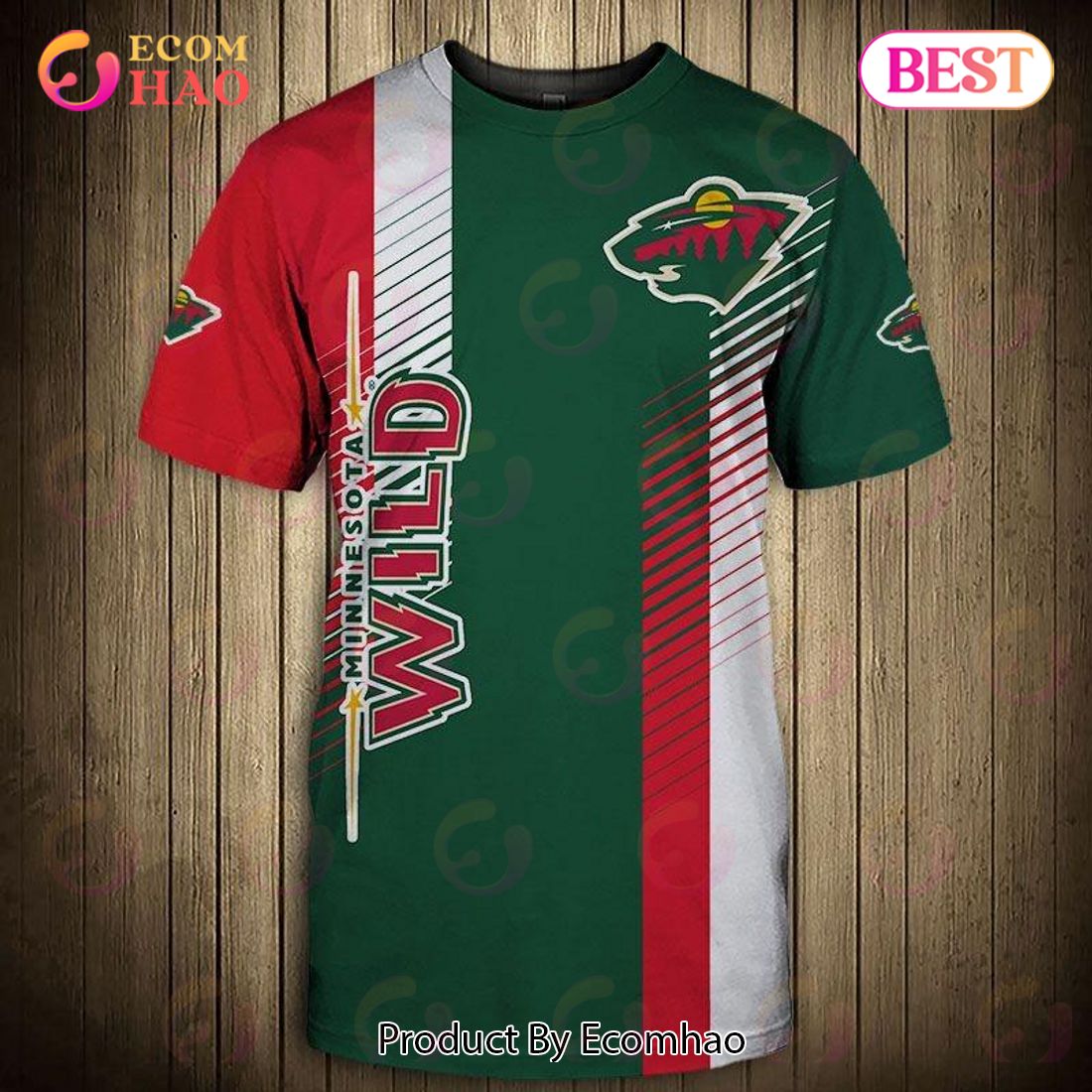 SALE NHL Minnesota Wild 3D T-Shirt Striped Short Sleeve