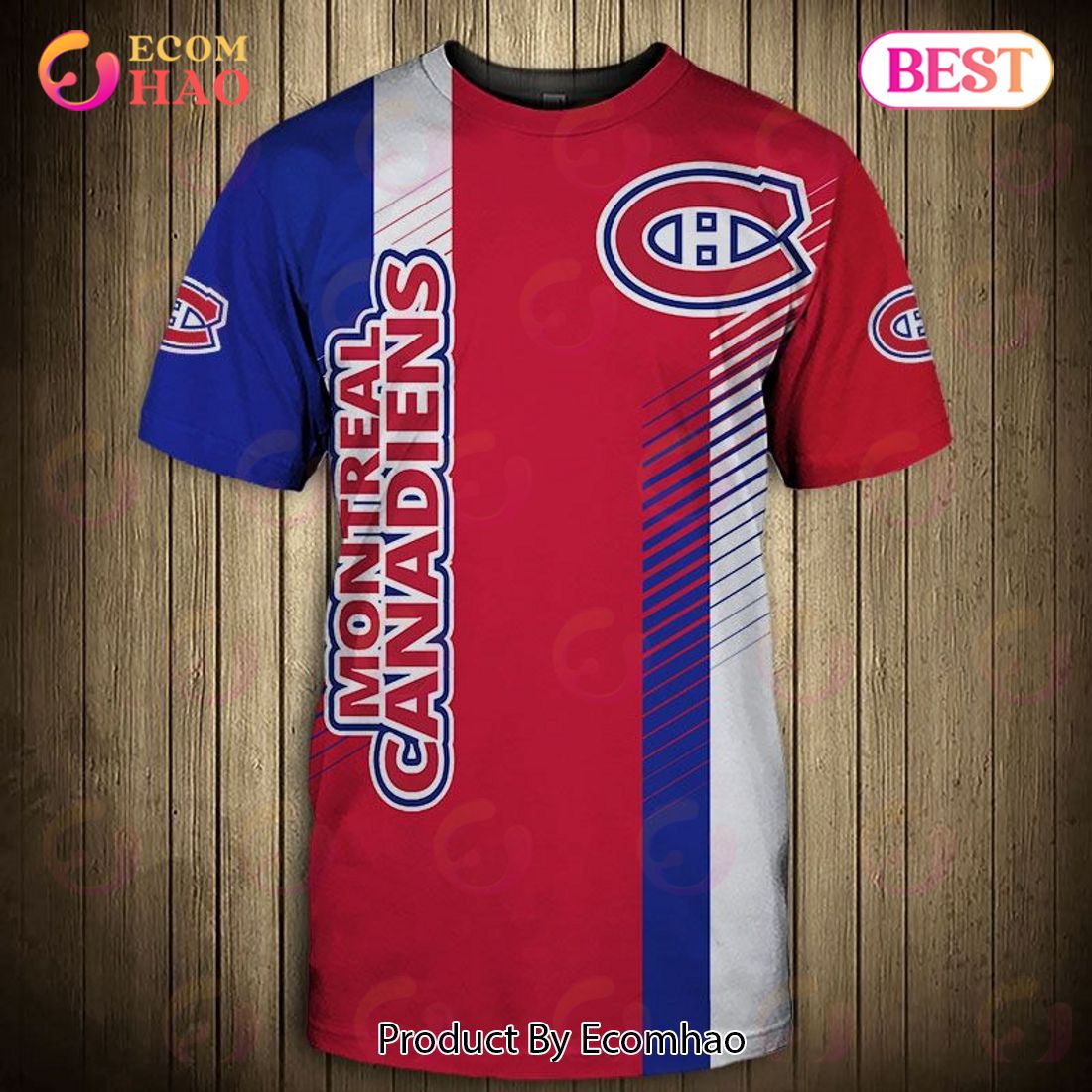 SALE NHL Montreal Canadiens 3D T-Shirt Stripped Short Sleeve