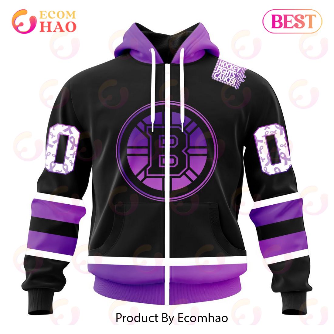 NHL Boston Bruins Special Black Hockey Fights Cancer Kits 3D Hoodie