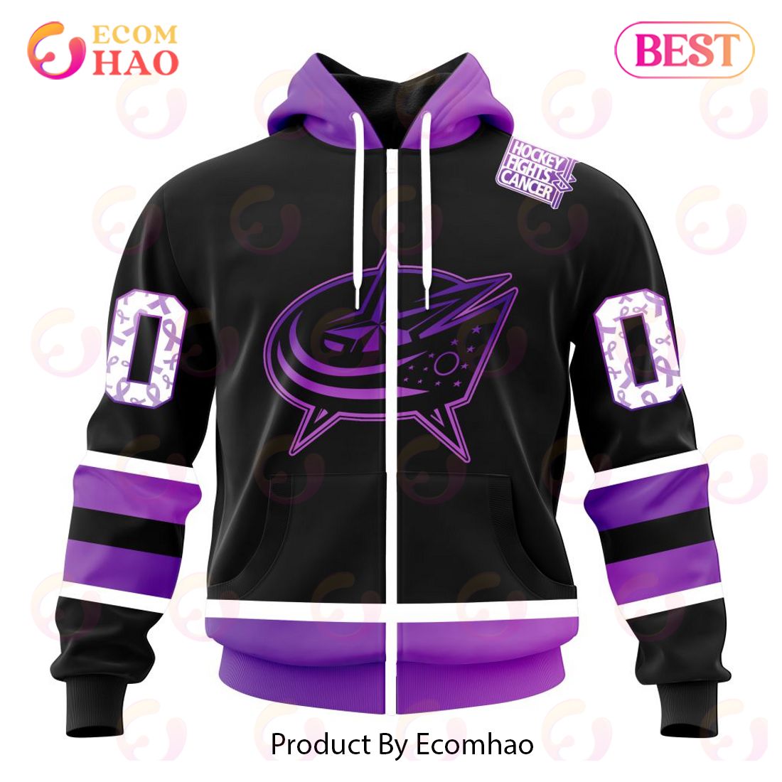 NHL Columbus Blue Jackets Special Black Hockey Fights Cancer Kits 3D Hoodie