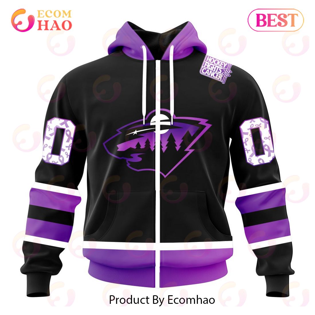 NHL Minnesota Wild Special Black Hockey Fights Cancer Kits 3D Hoodie