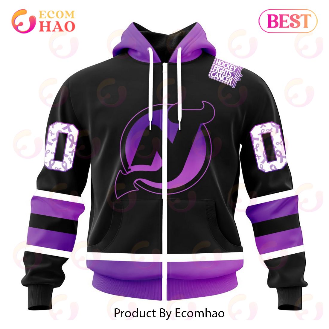 NHL New Jersey Devils Special Black Hockey Fights Cancer Kits 3D Hoodie