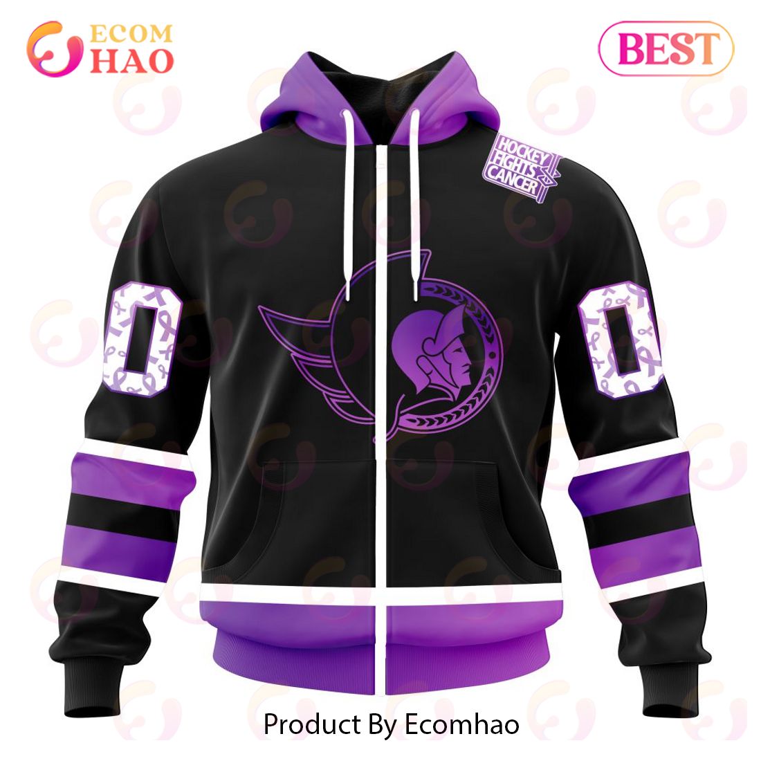 NHL Ottawa Senators Special Black Hockey Fights Cancer Kits 3D Hoodie