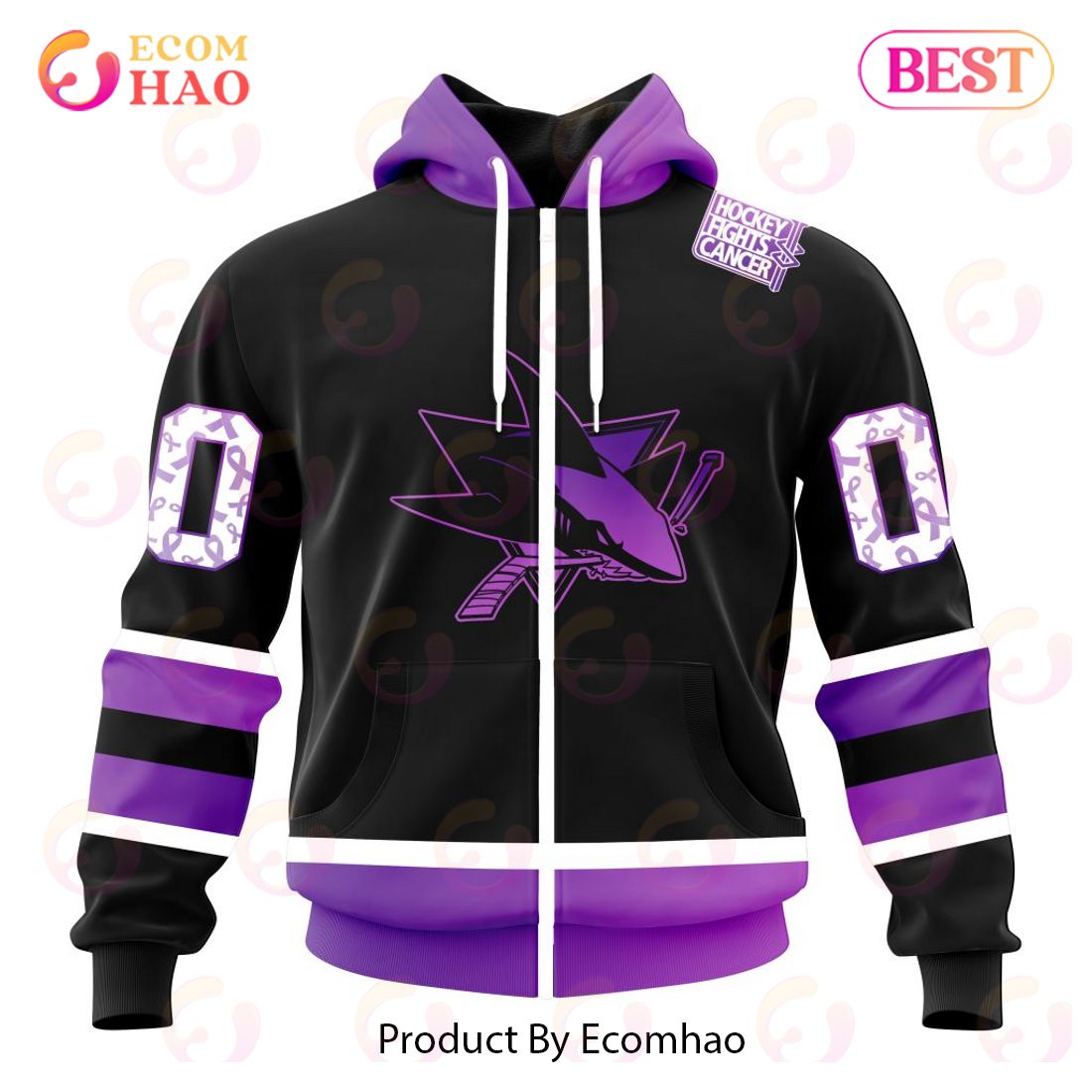 NHL San Jose Sharks Special Black Hockey Fights Cancer Kits 3D Hoodie