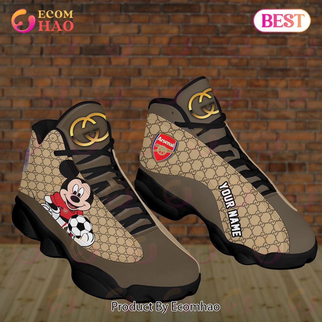 Limited Edition Custom Name Gucci Jordan 13 Arsenal Mickey Sneakers Shoes Hot 2023 GC Gifts Unisex Luxury Items