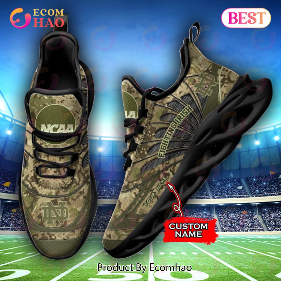 NCAA Notre Dame Fighting Irish Camo Design Max Soul Sneaker Custom Name