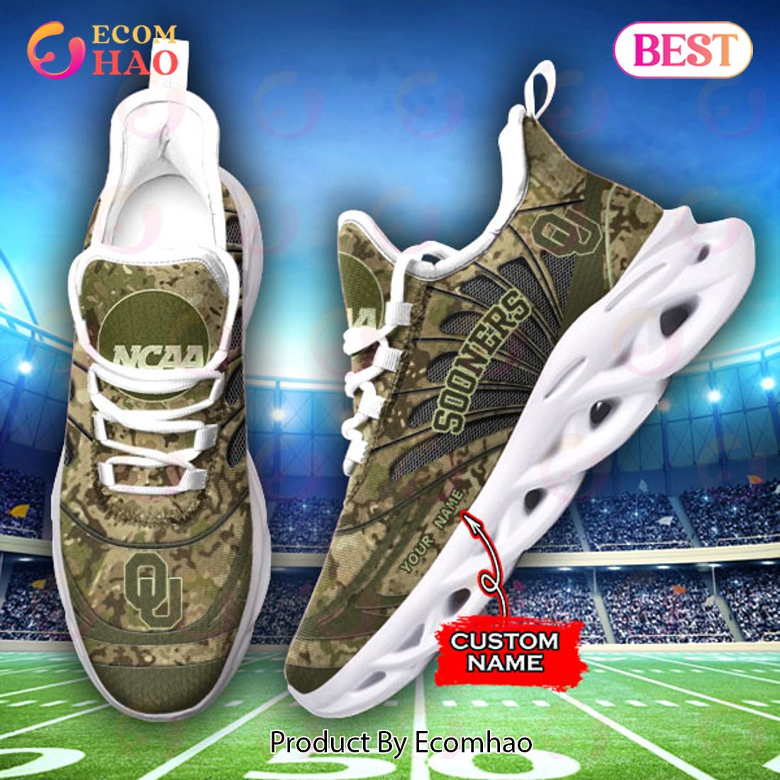 NCAA Oklahoma Sooners Camo Design Max Soul Sneaker Custom Name