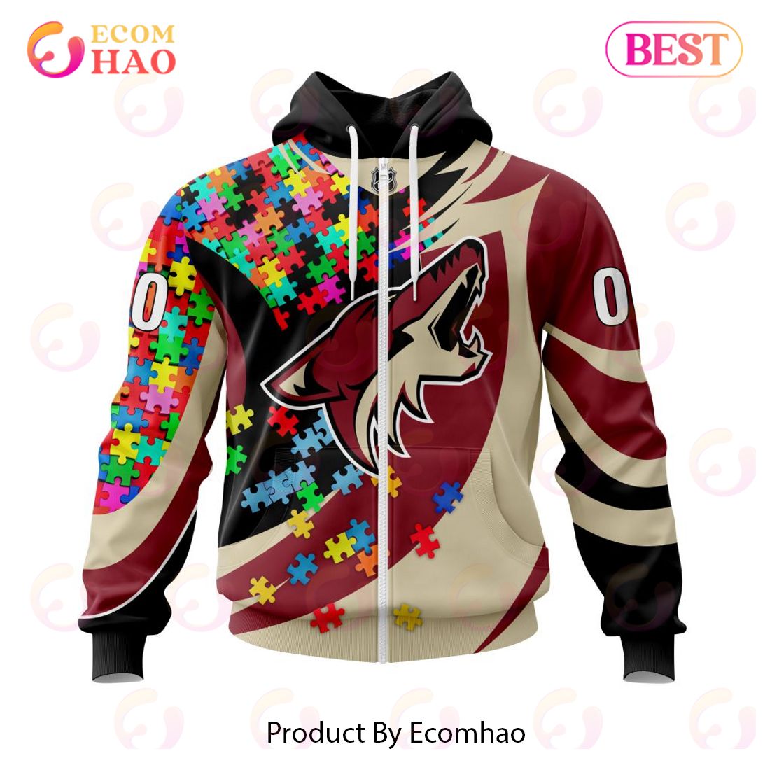 NHL Arizona Coyotes Autism Awareness Personalized Name & Number 3D Hoodie