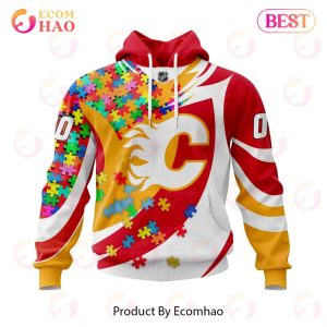 NHL Calgary Flames Autism Awareness Personalized Name & Number 3D Hoodie