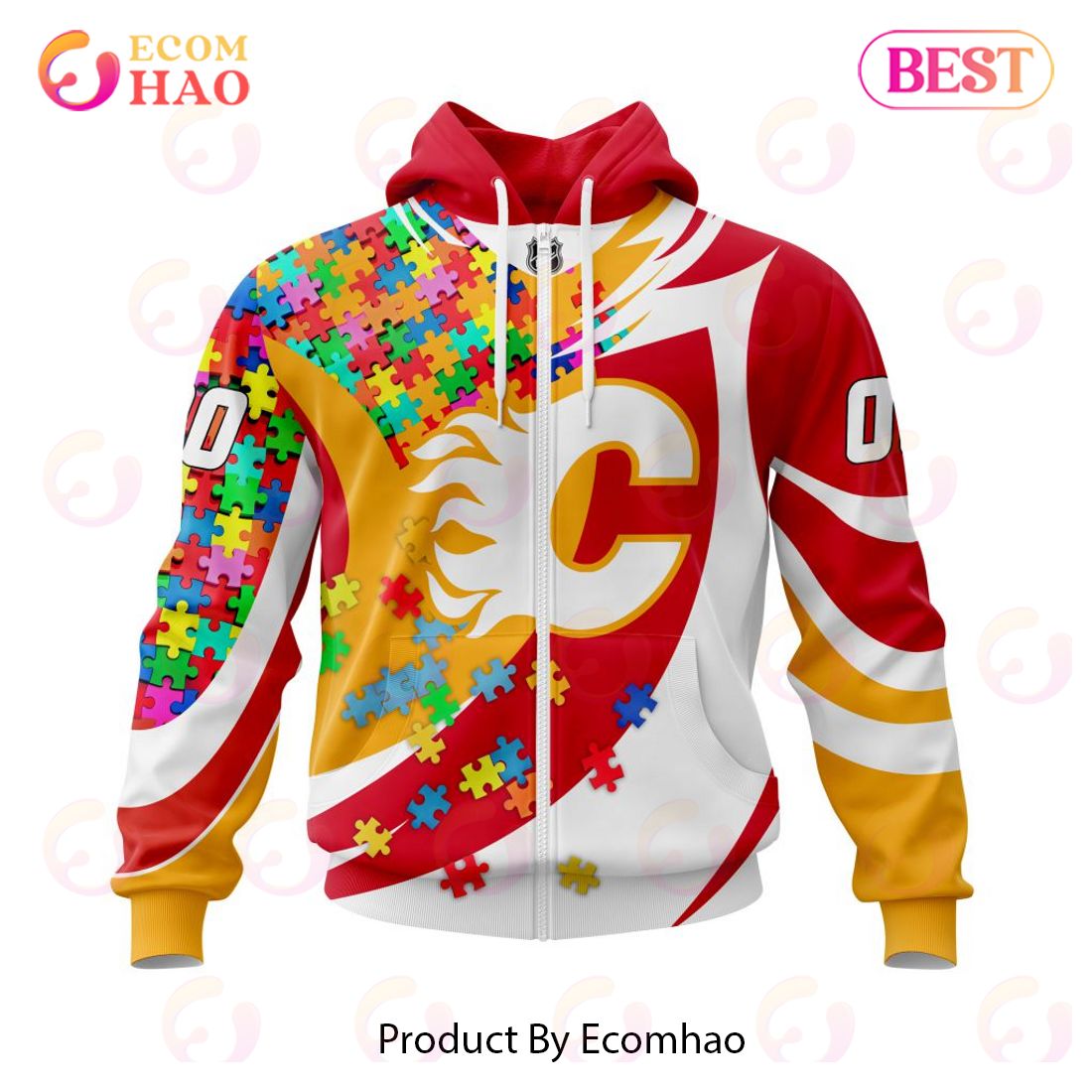 NHL Calgary Flames Autism Awareness Personalized Name & Number 3D Hoodie