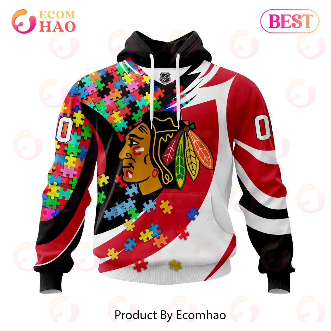 NHL Chicago BlackHawks Autism Awareness Personalized Name & Number 3D Hoodie