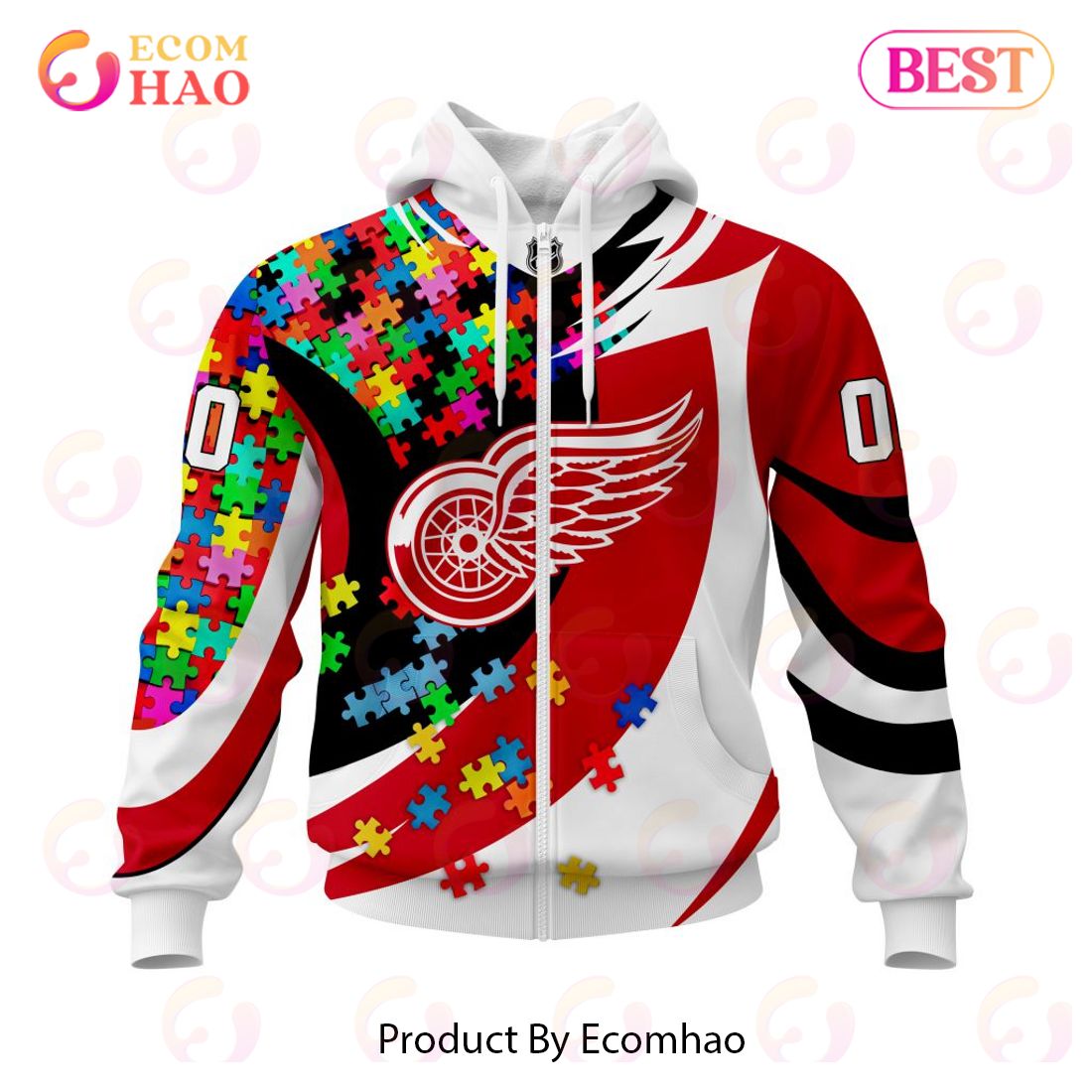 NHL Detroit Red Wings Autism Awareness Personalized Name & Number 3D Hoodie