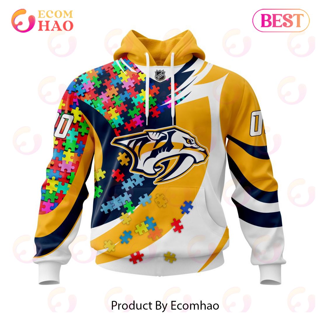 NHL Nashville Predators Autism Awareness Personalized Name & Number 3D Hoodie