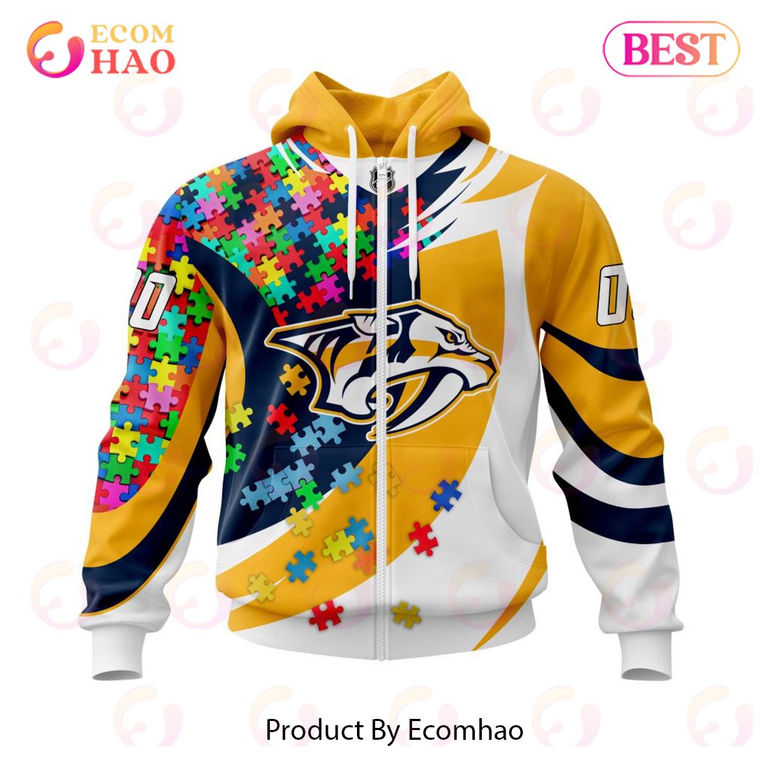 NHL Nashville Predators Autism Awareness Personalized Name & Number 3D Hoodie