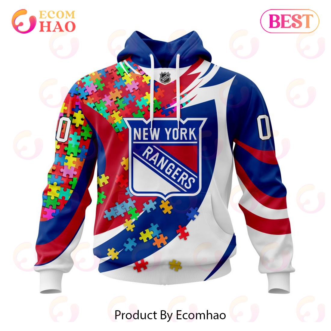 NHL New York Rangers Autism Awareness Personalized Name & Number 3D Hoodie