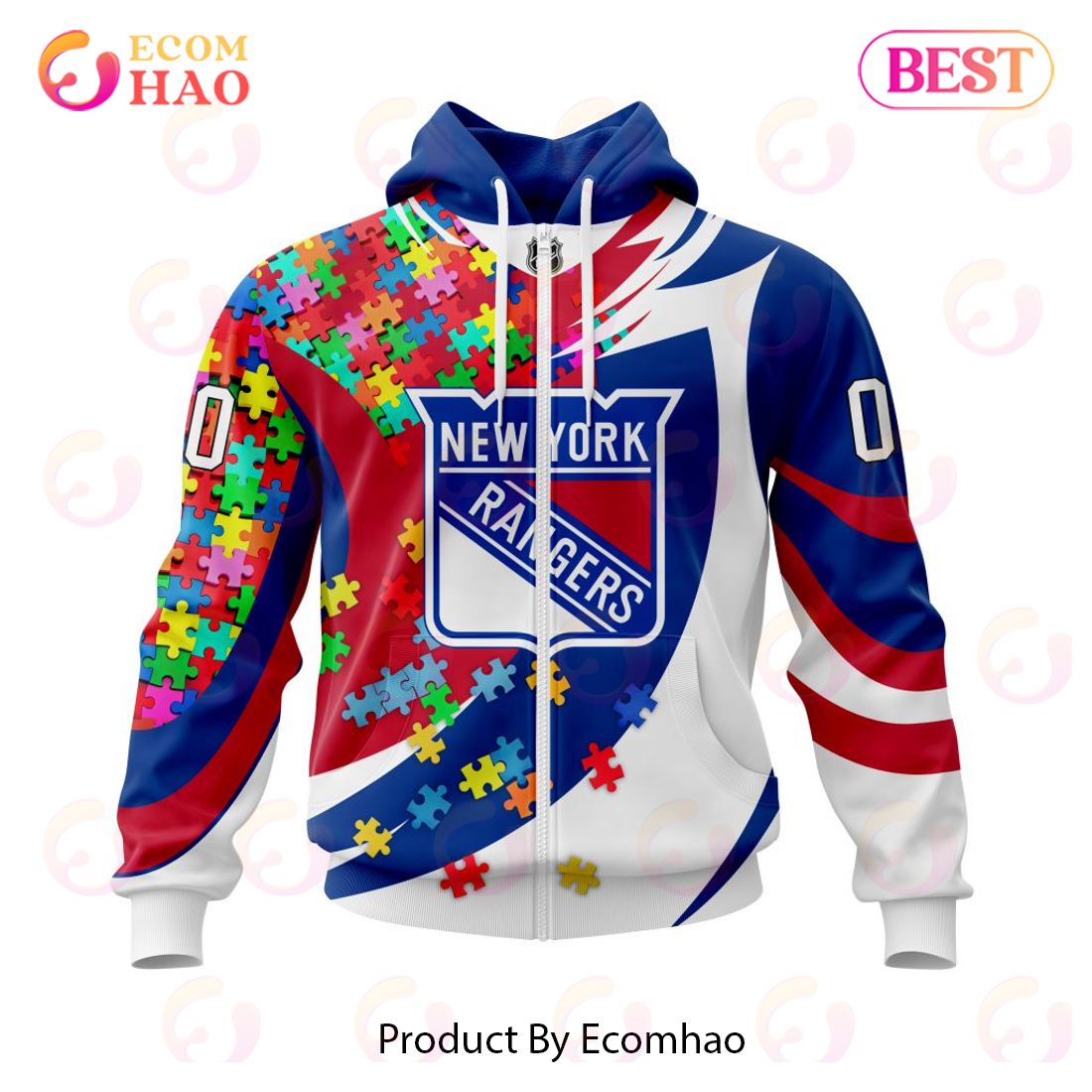 NHL New York Rangers Autism Awareness Personalized Name & Number 3D Hoodie