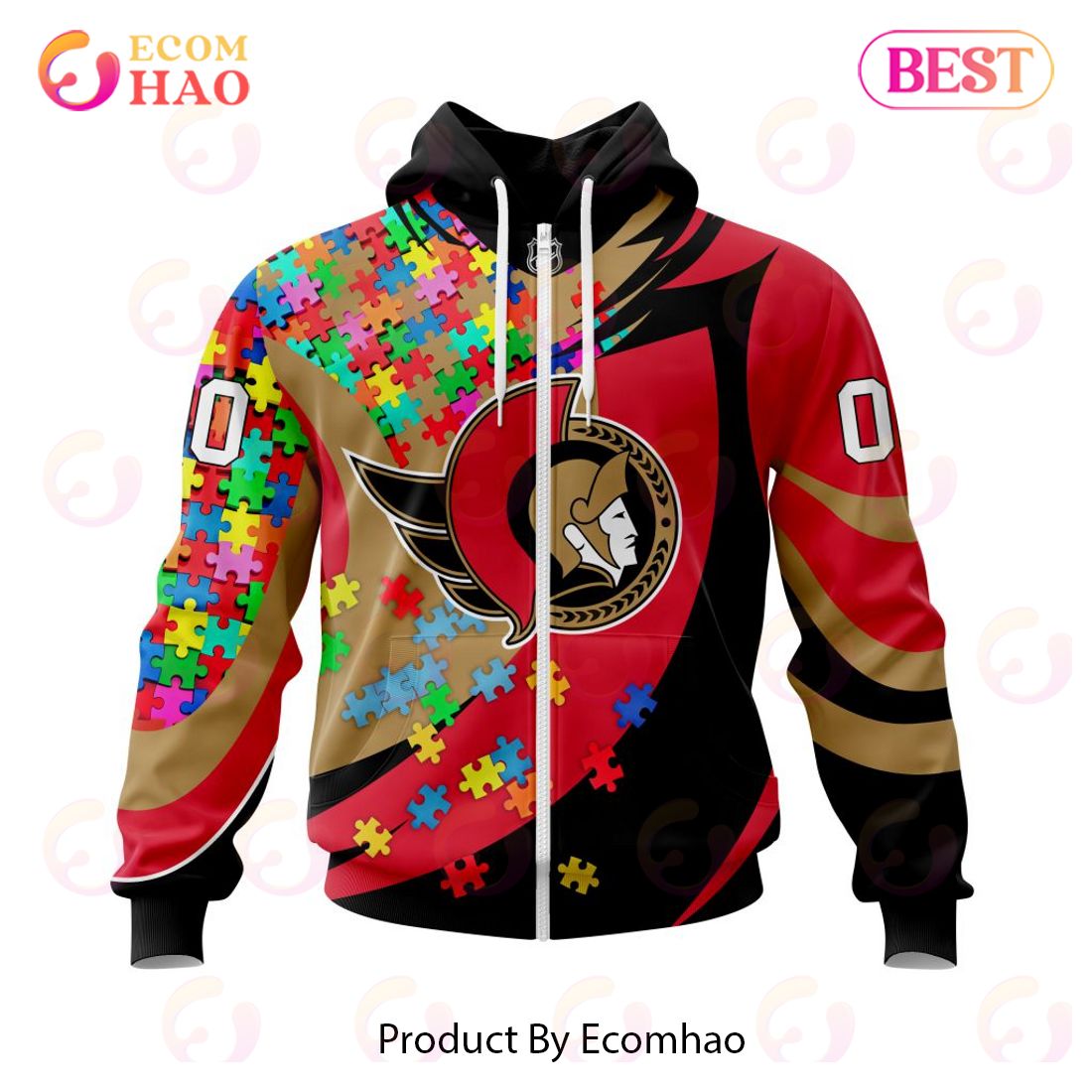 NHL Ottawa Senators Autism Awareness Personalized Name & Number 3D Hoodie