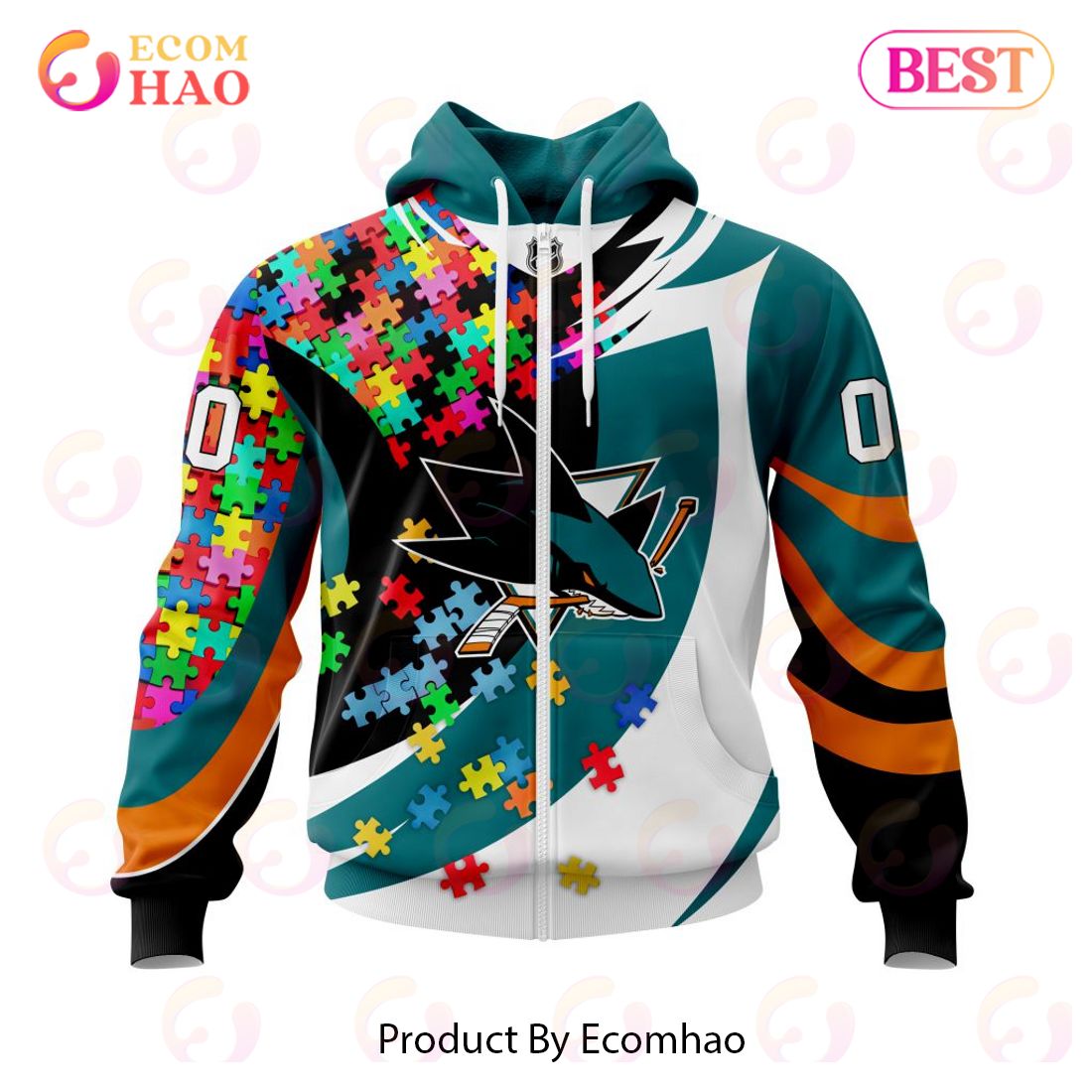 NHL San Jose Sharks Autism Awareness Personalized Name & Number 3D Hoodie