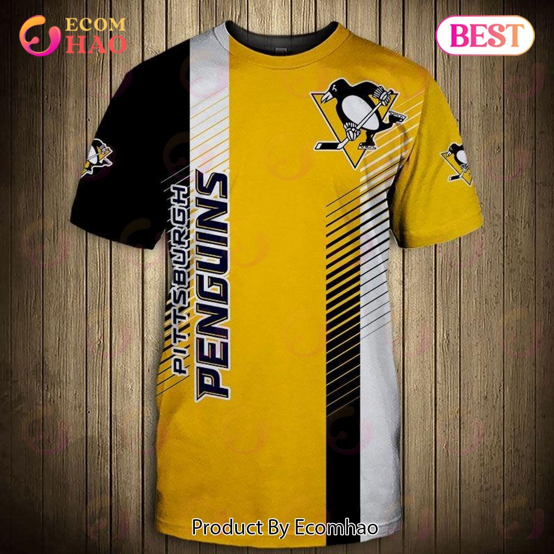 SALE NHL Pittsburgh Penguins 3D T-Shirt stripped Short Sleeve