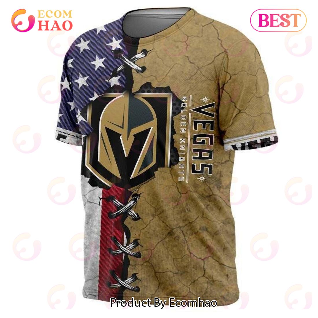 SALE NHL Vegas Golden Knights 3D T-Shirt Striped Metal