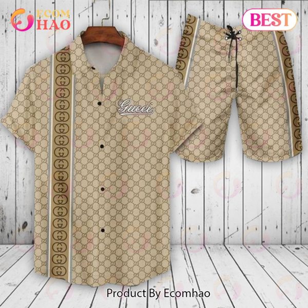 Gucci Men’s Big Logo Striped GC Hawaiian Shirt And Shorts – Summer 2023 Collection