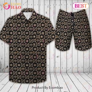 Gucci Men’s Black Hawaiian Shirt And Shorts with Logo Bee – Summer 2023 Collection