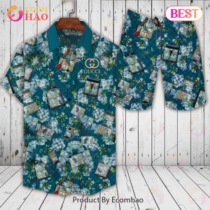 Gucci Men’s Blue Hawaiian Shirt And Shorts Floral Mix Bag Print – Summer 2023 Collection