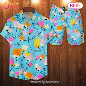 Gucci Men’s Blue Hawaiian Shirt And Shorts Floral Print – Summer 2023 Collection