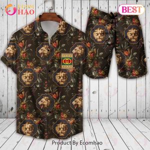 Gucci Men’s Hawaiian Shirt And Shorts Floral And Lion Print – Summer 2023 Collection