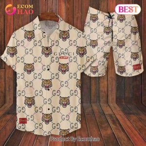 Gucci Men’s Light Color Hawaiian Shirt And Shorts with Logo Tigers- Summer 2023 Collection