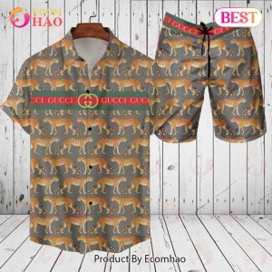 Gucci Men’s Striped Red Gucci Logo GC Hawaiian Shirt And Shorts Print Panthers – Summer 2023 Collection