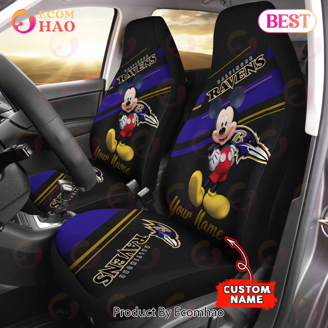 NFL Baltimore Ravens Custom Name Mickey Mouse Car Seat Covers