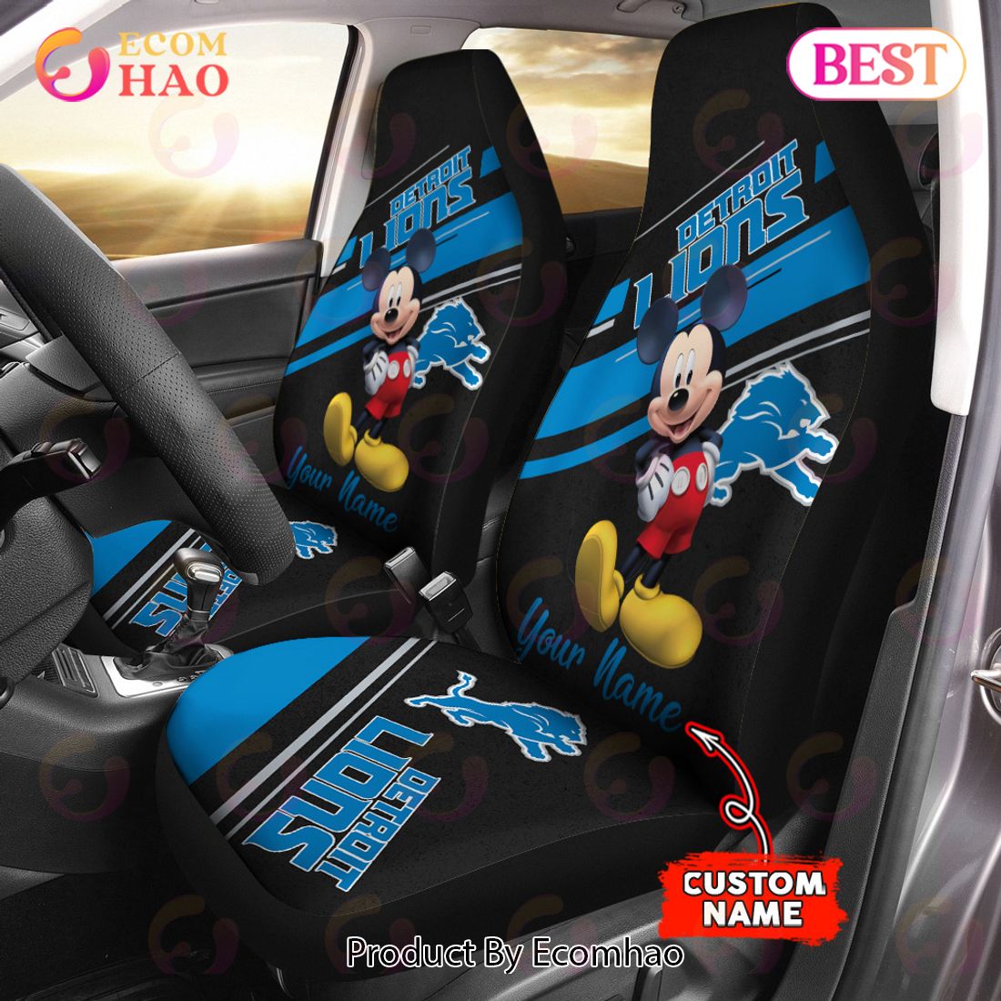 NFL Detroit Lions Custom Name Mickey Mouse Car Seat Covers