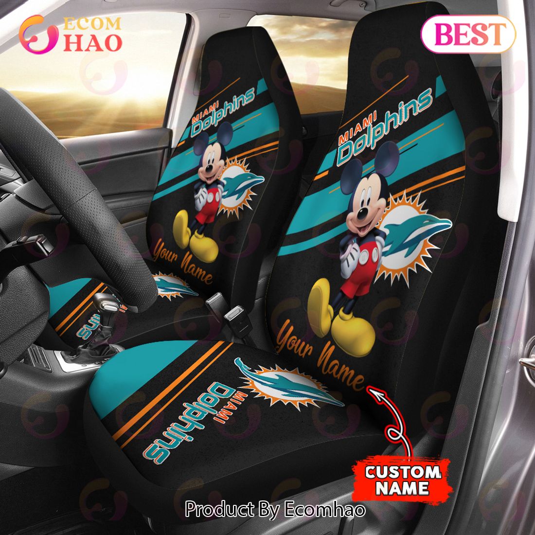 NFL Miami Dolphins Custom Name Mickey Mouse Car Seat Covers