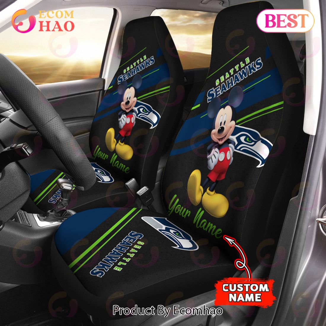 NFL Seattle Seahawks Custom Name Mickey Mouse Car Seat Covers