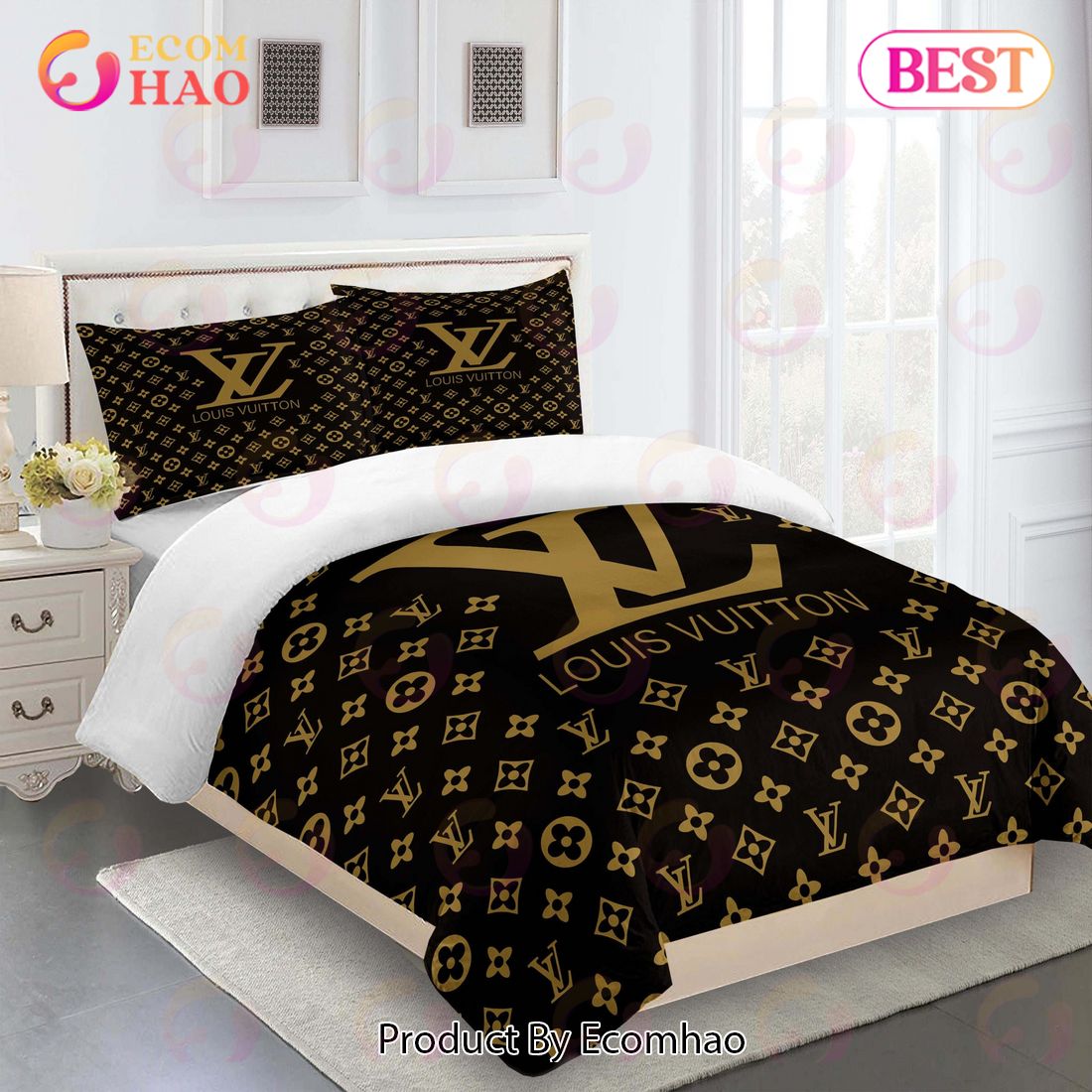 Comforter Sets Golden Brown Louis Vuitton Bedding Set - Ecomhao Store