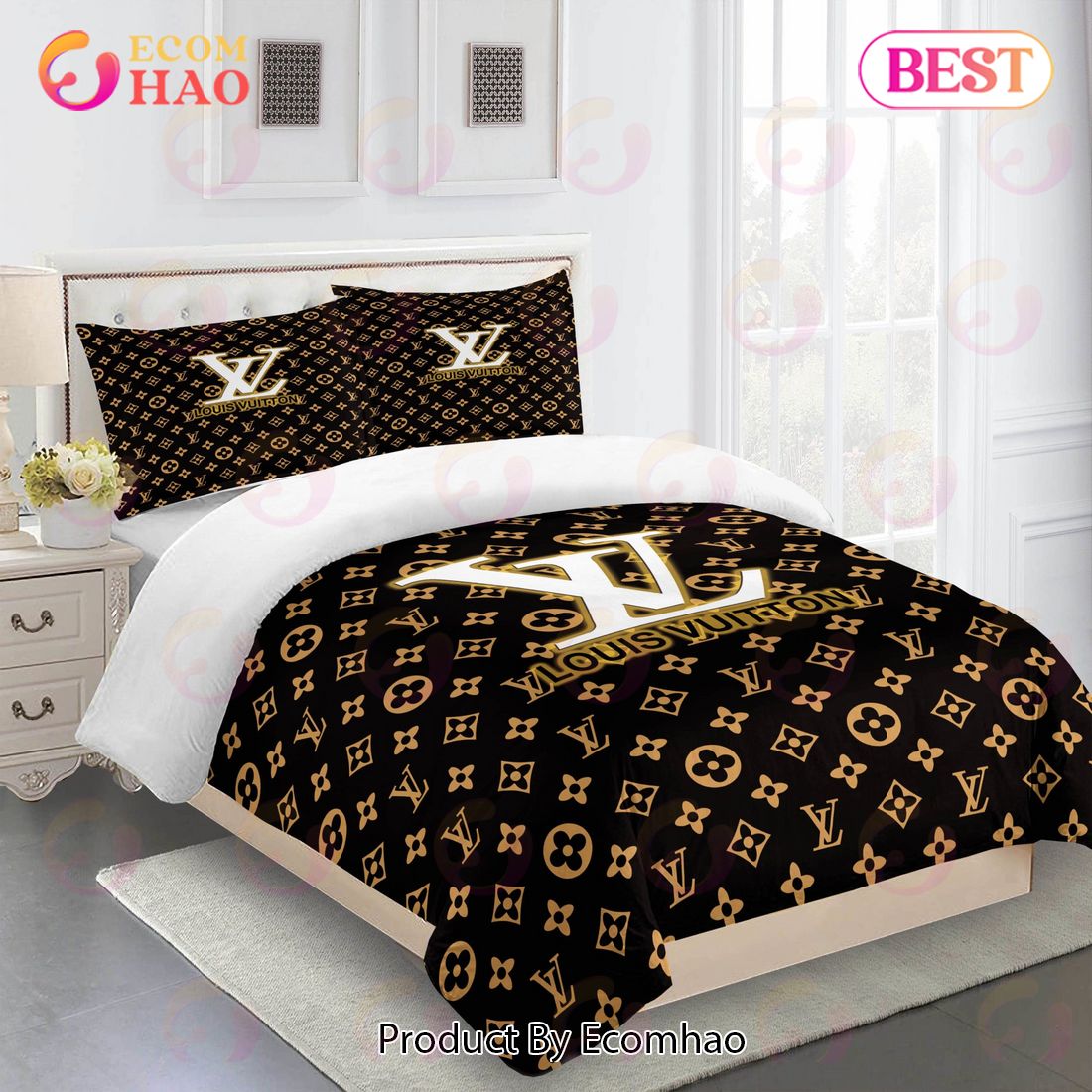 Comforter Sets Golden Logo White Full Louis Vuitton Bedding Set ...