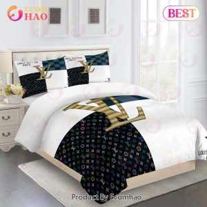Comforter Sets Golden With Black Gold Logo Louis Vuitton Bedding Set