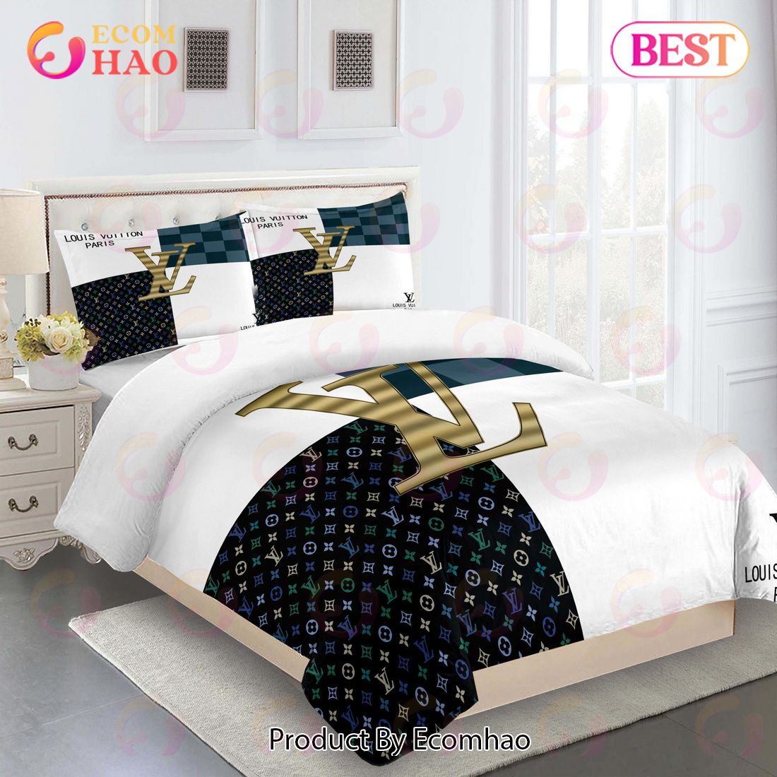 Comforter Sets Golden With Black Gold Logo Louis Vuitton Bedding Set Luxury Items