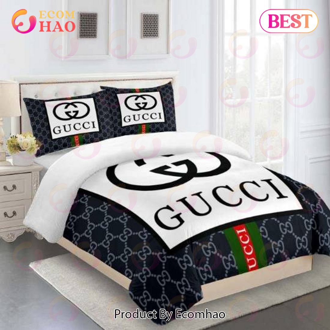 Gucci Bedding Set Blue And White Luxury Bed Sheets - Ecomhao Store