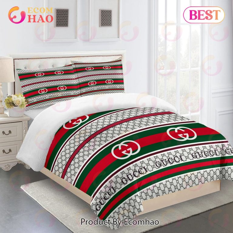 Gucci Bedding Set Logo Italy White Stripe Luxury Bed Sheets - Ecomhao Store